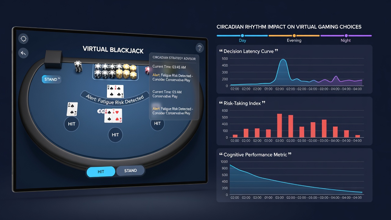Grafische Darstellung von Leistungskurven und Entscheidungsmustern über Tageszeiten hinweg in virtuellen Blackjack-Sessions