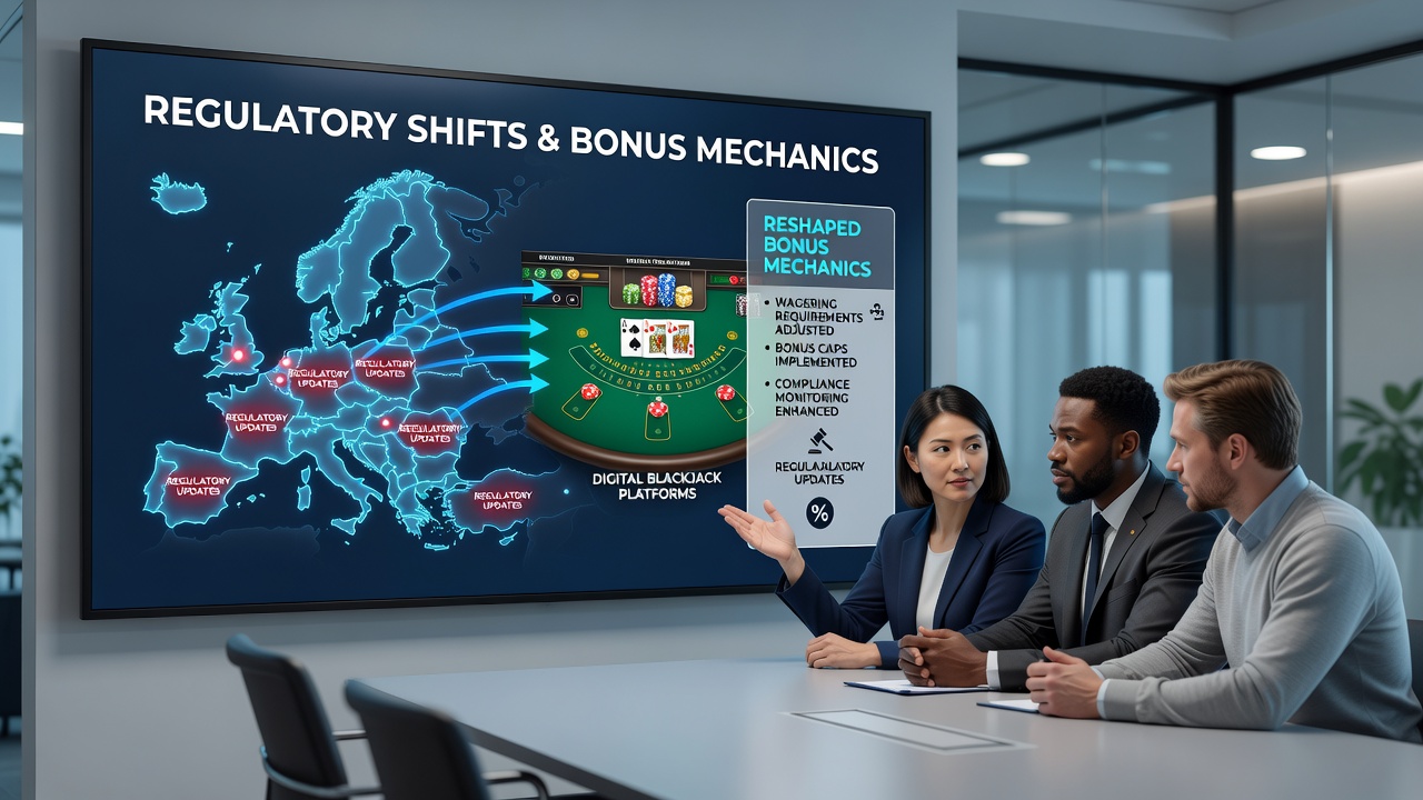 Digitale Blackjack-Oberfläche mit angepassten Bonusanzeigen unter europäischen Regulierungen