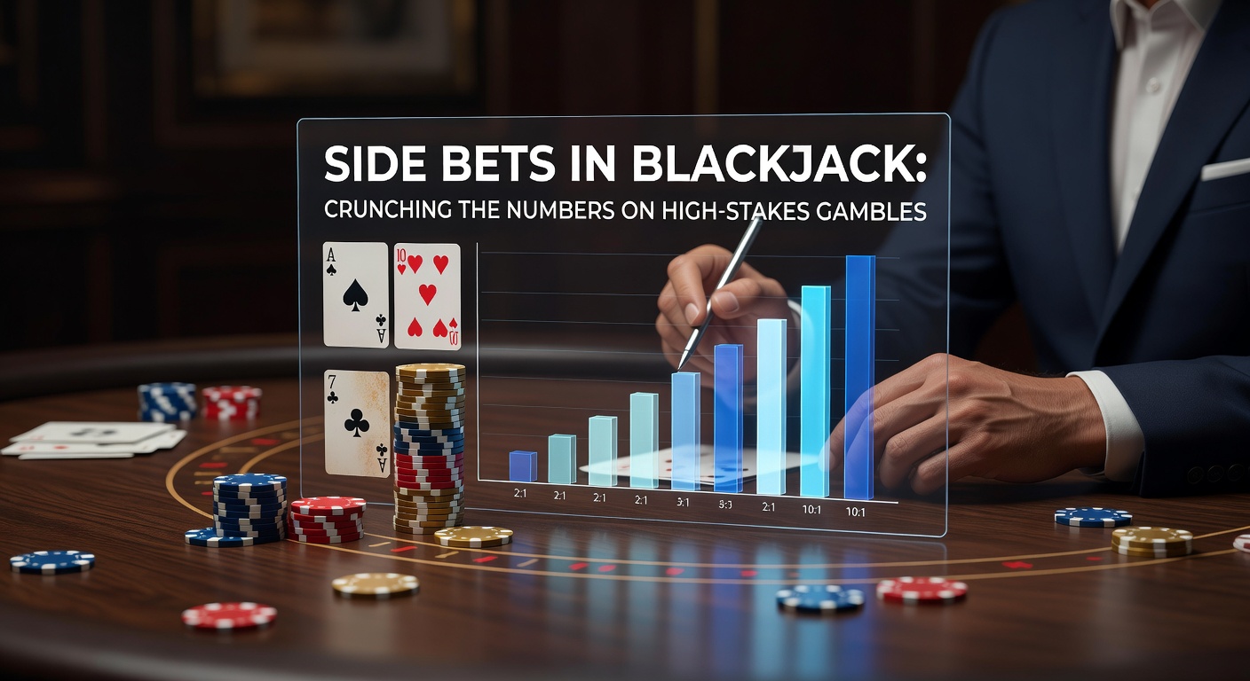 Ein Blackjack-Tisch mit markierten Side-Bet-Bereichen, wo Spieler zusätzliche Wetten platzieren, beleuchtet von grellen Casinoleuchten