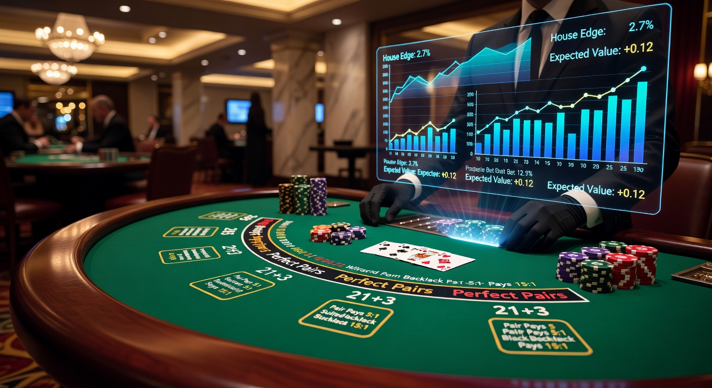 Detaillierte Grafik mit Hausvorteil-Diagrammen für verschiedene Side Bets im Blackjack, inklusive Balken für Perfect Pairs, 21+3 und Lucky Ladies