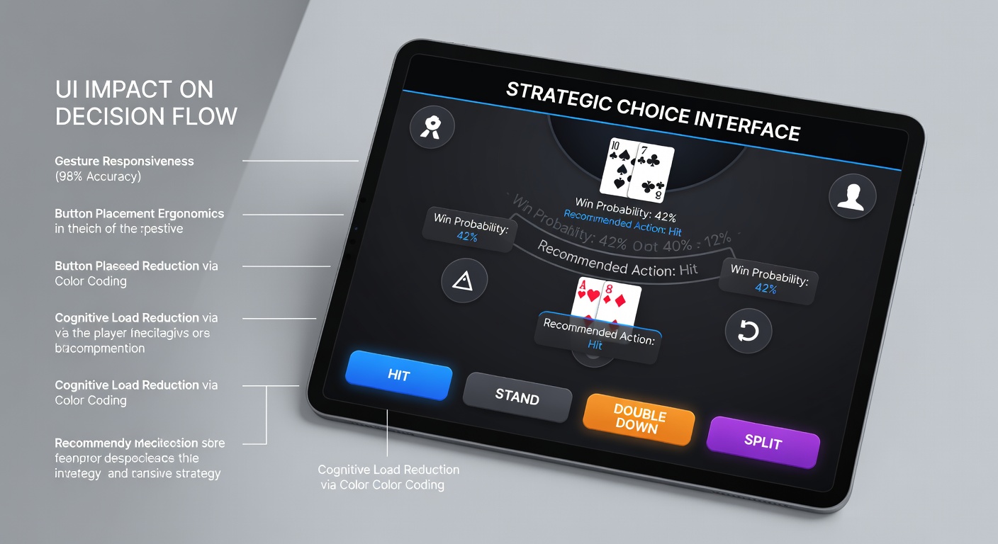 Detaillierte Ansicht einer Blackjack-App mit Touch-Steuerung und strategischen Hinweisen